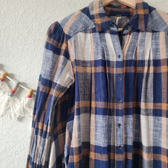 Free People Preppy In Plaid Oversize High Low Flowy Button Down Top Academia XS - Picture 4 of 12